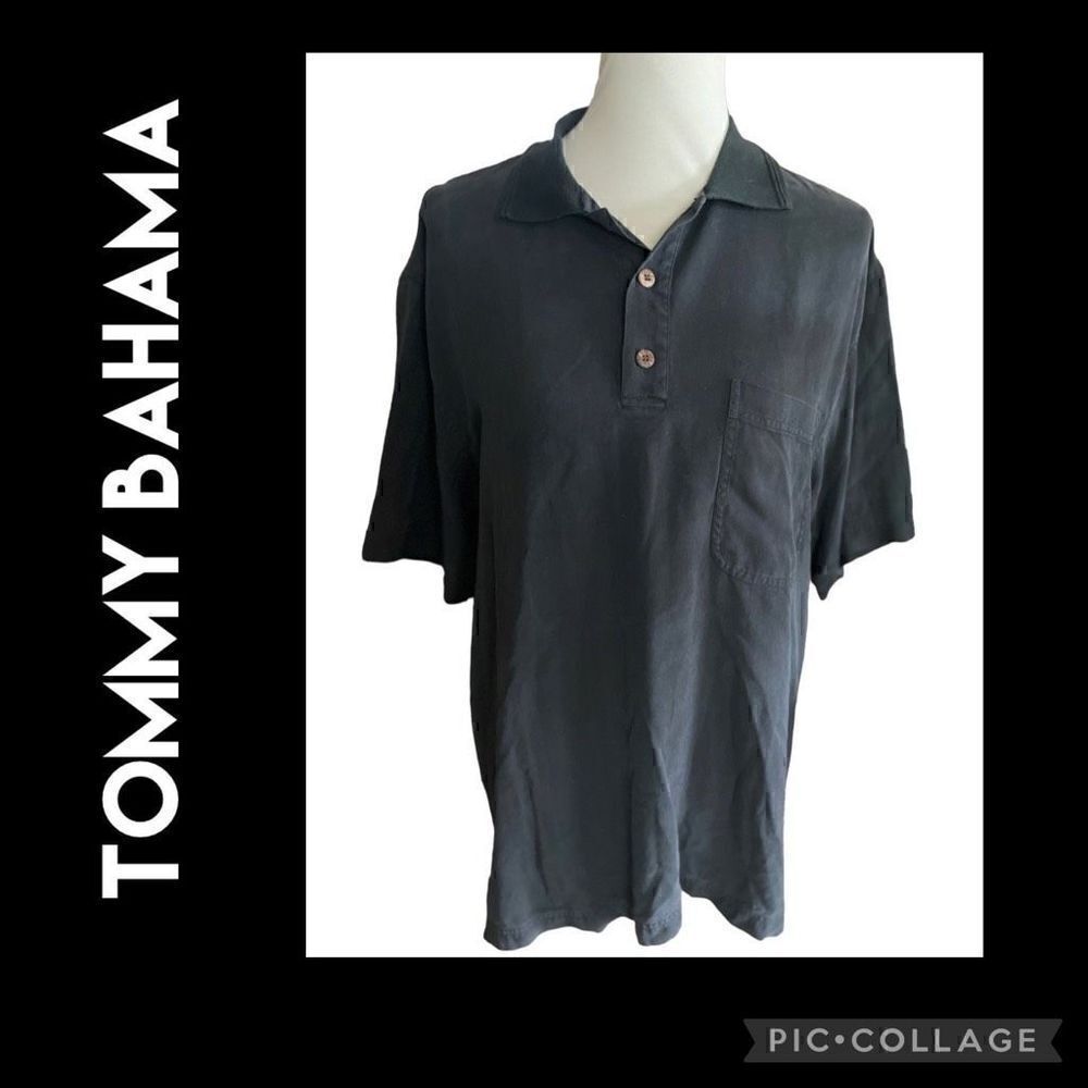 Tommy Bahama Black Polo Style Short Sleeve 100% Silk Size Medium-EUC
